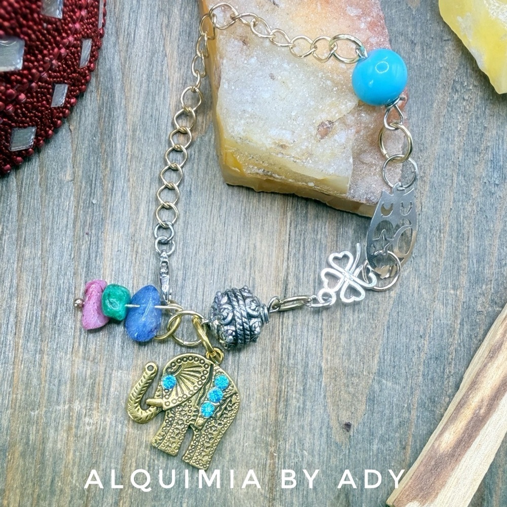 Alquimia Gold Elephant Charm Bracelet with Silver Chain